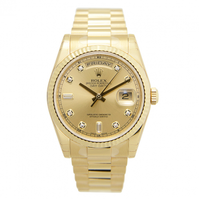 Cheapest Rolex Day-date 36MM Diamonds Markers Roman Motif Golden Dial Ladies Yellow Gold Oytersteel Watch 