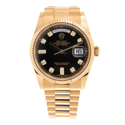 2021 Fashion Rolex Day-date 36MM Black Dial Diamonds Markers Fluted Bezel Yellow Gold Plated Watch For Ladies 