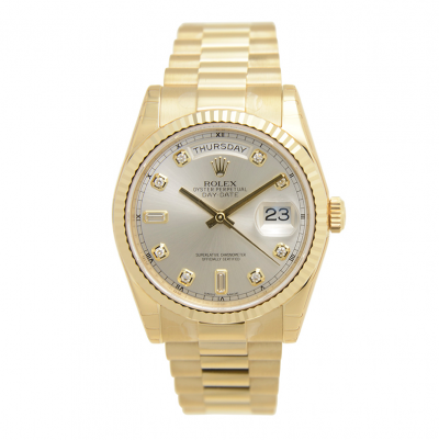 2021 Simple Rolex Day-date Silver Face Diamond Markers Roman Pattern Index Women Yellow Gold Watch Replica