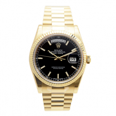 Rolex Unisex 36mm Day-date Yellow Gold Plated Fluted Bezel Stick Markers Black Face Luminous Watch Online