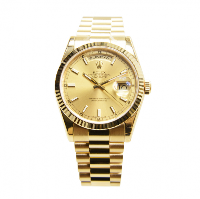 Best Rolex Day-date 36MM Fluted Bezel Luminous Baton & Roman Markers Women All Yellow Gold Plated Fake Watch