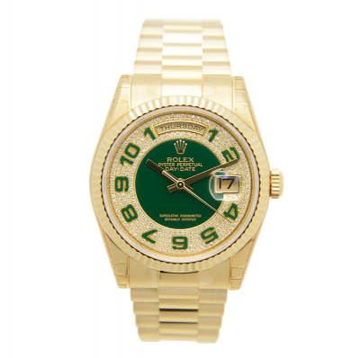Luxury Rolex Day-date Green Arabic Markers Diamonds Motif Two-tone Dial Female Fluted Bezel Yellow Gold Watch