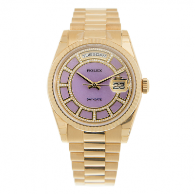 Latest Rolex Day-date 18k Yellow Gold Diamonds & Double Ring Motif Purple Face Stick Index Watch For Ladies