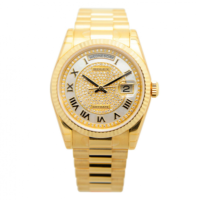 High Quality Rolex Day-date 36 Diamonds & Silver Steel Dial Roman Index 18K Yellow Gold Lady Watch Replica