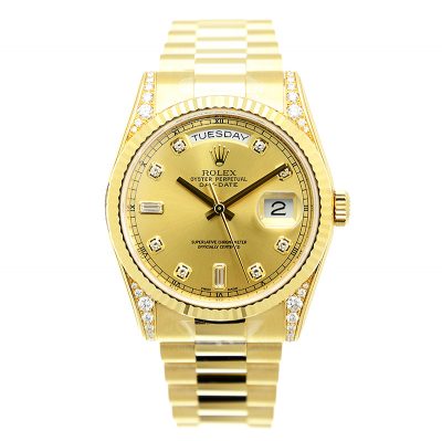 High Quality Rolex Day-date 36MM Diamonds Markers & Lug Fluted Bezel All-set Yellow Gold Plated Watch For Women
