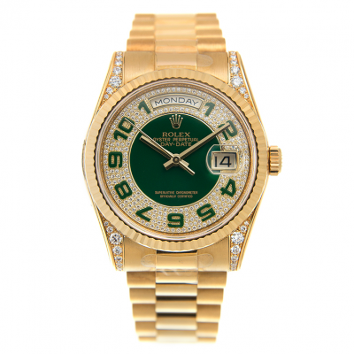 Top Sale Rolex Day-date 36 Yellow Gold Steel Green Arabic Index Diamonds Dial & Lug Women Automatic Watch