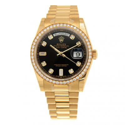 Unisex Classic Rolex Day-date 36 Black Face Roman Pattern Motif Diamonds Markers Yellow Gold Watch Replica
