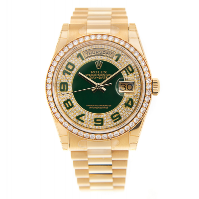 Low Price Rolex Day-date 18k Yellow Gold Green Motif Arabic Index Diamonds Dial & Bezel Automatic Ladies Watch 