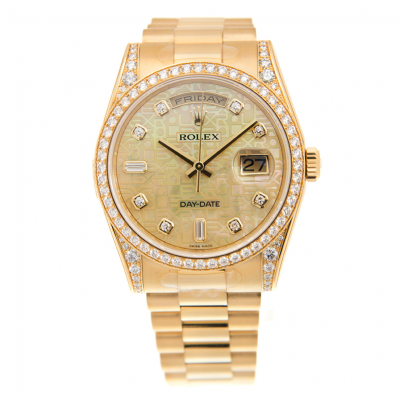 Women's Fashion Rolex Day-date Logo Embossed Dial Diamonds Markers/Bezel/Lug Yellow Gold Automatic Watch Replica 