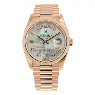Fall Popular Rolex Day-date Fluted Bezel White Mother Of Pearl Female Rose Gold Diamonds Watch Online