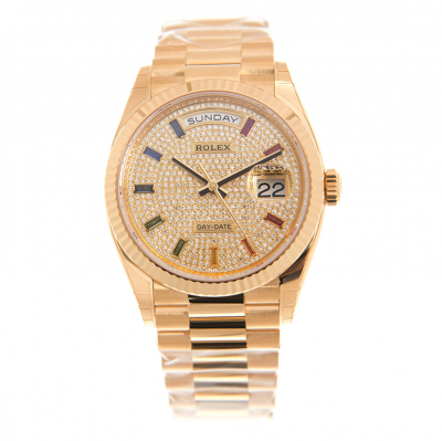 Hot Selling Rolex Day-date 36MM Yellow Gold Oyster Steel Diamonds Dial Fluted Bezel Female Multicolor Crystal Index Watch