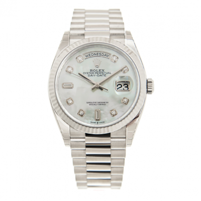 Rolex Day-date 36MM High End White MOP Dial Diamonds Markers Stainless Steel Fluted Bezel Fake Watch