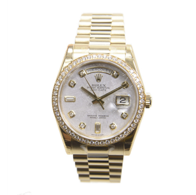Women's Classic Rolex Day-date 36MM White Meteorites Dial Diamonds Bezel & Hour Markers 18K Yellow Gold Watch