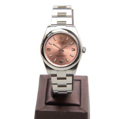 Sweet Design Rolex Oyster Perpetual White White Gold Pink Dial Baton & Arabic Markers Fake Luminous Watch