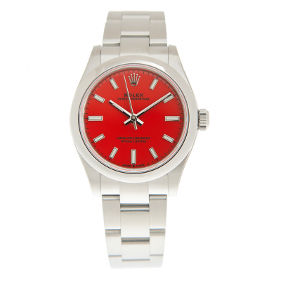 Best Rolex Oyster Perpetual Luminous Stick Scale Cora Red Face Female Stainless Steel Domed Bezel Watch 31MM 277200