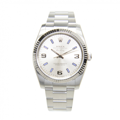 Spring Popular Rolex Oyster Perpetual Silver Dial Fluted Bezel Blue Baton Markers Ladies Stainless Steel Watch 34MM
