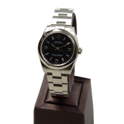 Chic Rolex Oyster Perpetual Black Dial Arabic & Blue Baton Markers Female 31MM White Gold Watch