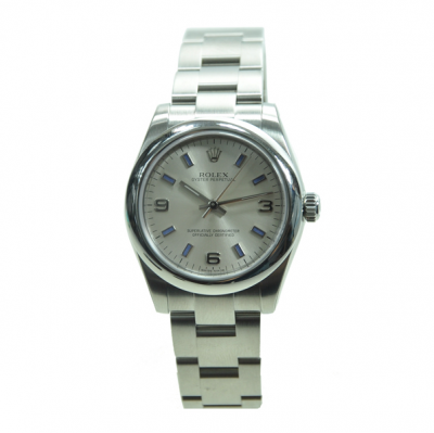Rolex Simple Design Oyster Perpetual Domed Bezek Blue Stick & Arabic Scales Silver Stainless Steel Watch For Ladies
