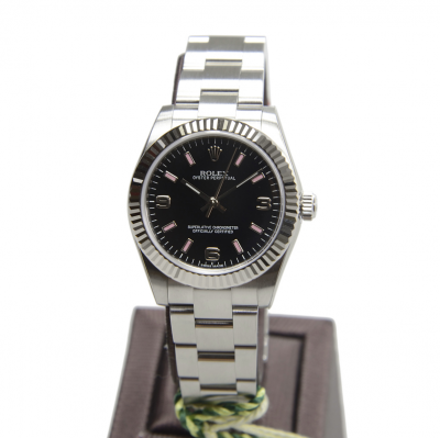 High Quality Rolex Oyster Perpetual Black Face Pink Baton Index Female Fluted Bezel SS Watch 31MM Replica