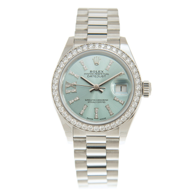 Popular Rolex Datejust 28 Diamonds Design Bezel & Baton Index Female President Bracelet Light Blue Face Fake Platinum Watch