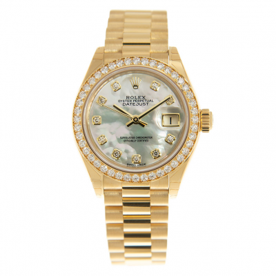 2021 New Rolex Datejust 28 White Mother Of Pearl Dial Women All Yellow Gold Diamonds Watch Replica 279138RBR