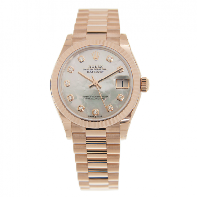 Replica Fashion Rolex Datejust 31 White MOP Dial Diamonds Index Women Fluted Bezel All Rose Gold Automatic Watch 278275