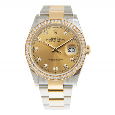 Best Price Rolex 36 Datejust Champagne Dial Diamonds Markers & Bezel Two-tone Oyster Bracelet Watch For Men & Women 126283RBR