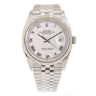 Vogue Rolex Datejust Roman Index White Dial Fluted Bezel Stainless Steel 36mm Watch For Men & Women 126234