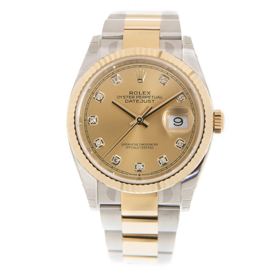 Classic Rolex Datejust Yellow Gold Dial Diamonds Markers Unisex 36MM Fluted Bezel Two-tone Oyster Watch 116233