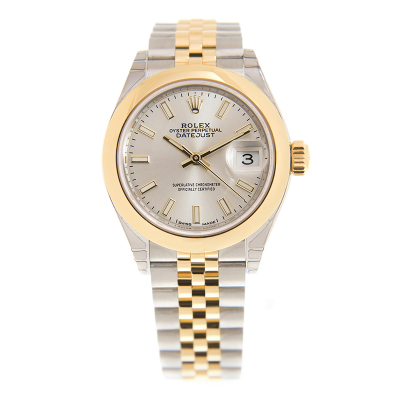 Best Rolex Datejust 28MM Silver Dial Luminous Baton Markers Yellow Gold Domed Bezel Two-tone Jubilee Lady Watch 279163