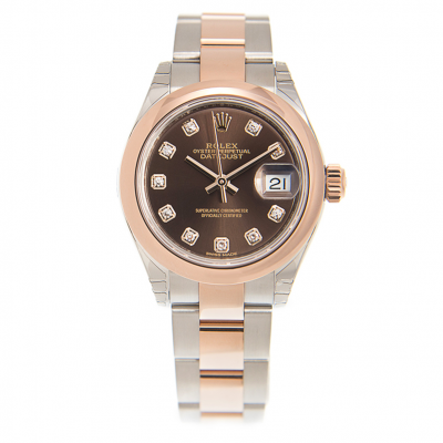Replica Best Rolex Datejust 28 Chocolate Dial Diamonds Markers Female Automatic Rose Gold & Steel Oyster Watch 279161