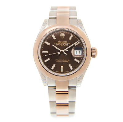 Best Price Rolex Datejust 28 Chocolate Motif Dial Rose Gold Domed Bezel Ladies Two-tone Oyster Bracelet Luminous Stick Watch 279161
