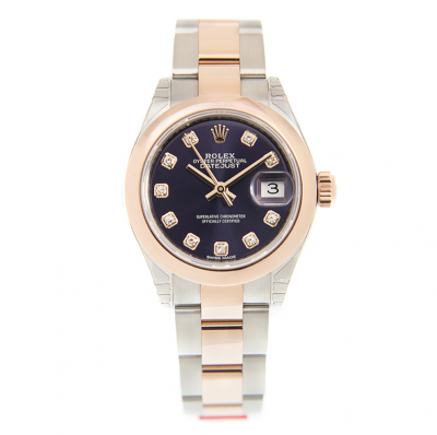 Rolex Datejust 28 Fashion Aubergine Dial Diamonds Markers Two-tone Oyster Bracelet Rose Gold Domed Bezel Automatic Lady Watch 279161