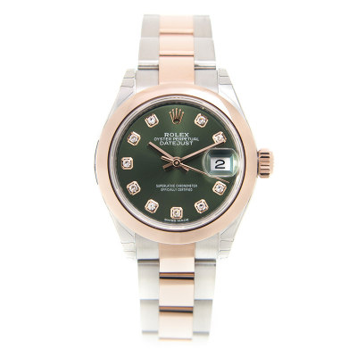 Cheapest Rolex Datejust Female Rose Gold & Steel Olive Green Dial Domed Bezel Oyster Bracelet Diamonds Markers Watch 28MM 279161